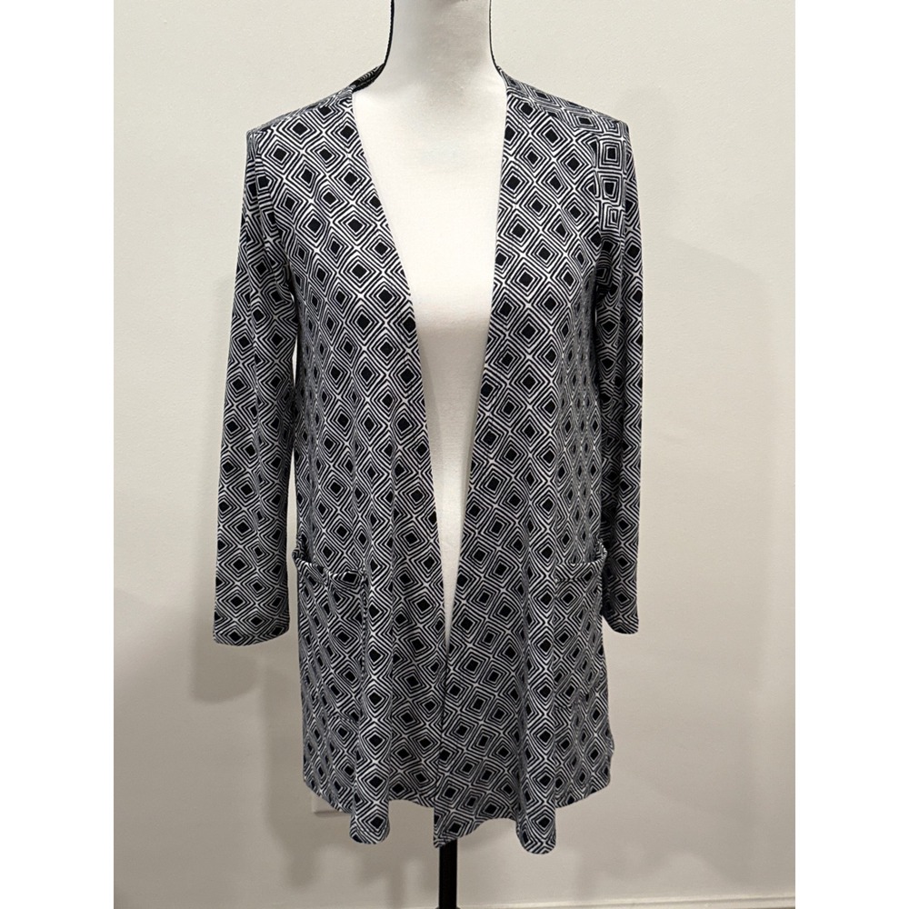 LuLaRoe Caroline Women Size S Black White Geometric EUC Open Pocket Cardigan